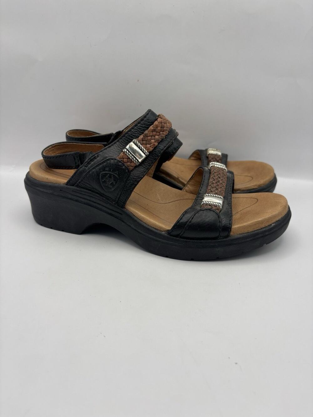 Ariat Black Leather Wedge Sandals Women Size 8